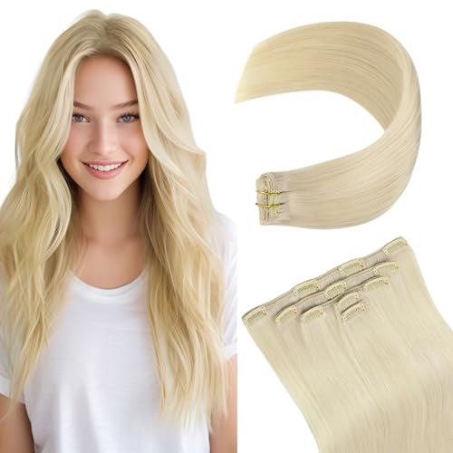 Clip In Hair Extensions Real Human Hair Platinum Blonde Hair Extensions Clip Ins Silky Soft 18 Inch 5pcs 80g