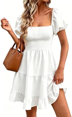 Wenrine Womens Puff Sleeve Babydoll Dress Summer Floral Square Neck Smocked Casual Off Shoulder Ruffle Boho Mini Dresses