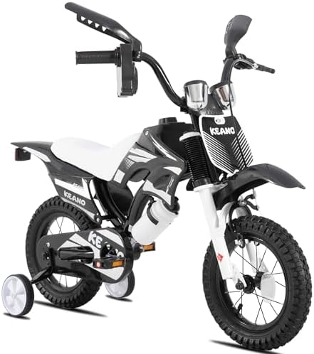 KEANO Motocross Style Kids Bike for Boys Girls Ages 3-7 Years, 12 & 16 Inch Bikes with Training Wheels and Number Plate, Children Bicycles Black