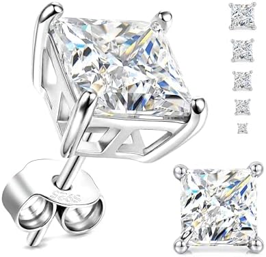 Princess Cut Earrings Moissanite Square Earrings 925 Sterling Silver Hypoallergenic D Color VVS1 Dainty Moissanite Jewelry for Women Men Birthday Anniversary Valentine Christmas Gift 0.3-3.7 CT