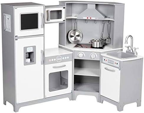 Amazon Basics Kids Corner Wooden Kitchen Toy Playset with Stove, Oven, Sink, Fridge and Accessories for Toddlers and Preschoolers, Ages 3+ Years, White & Gray, 39.37" L x 28.35" W x 35.04" H