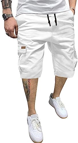 JMIERR Mens Casual Cotton Twill Cargo Shorts Drawstring Classic Chino Stretch Short with 6 Pockets