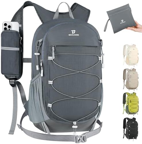 BECOJADDE Hiking Backpack 20L Small Backpack Packable Day pack Water Resistant Lightweight Travel Backpack for Women Men with Shoulder Strap Pockets for Hiking Camping Outdoor, Grey
