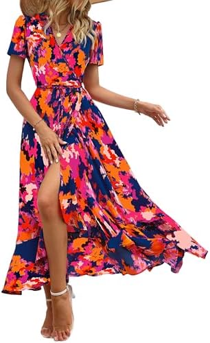 PRETTYGARDEN Women's Boho Floral Maxi Dress Summer Short Sleeve Wrap V Neck Long Flowy Beach Vacation Wedding Guest Dresses