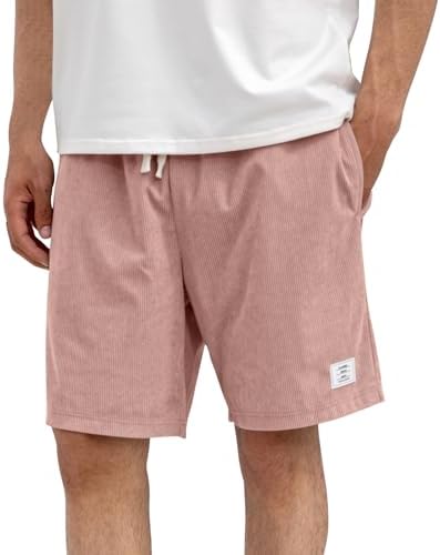 Mens Corduroy Shorts with Pockets,7 Inch Casual Elastic Waist Summer Beach Shorts with Drawstring