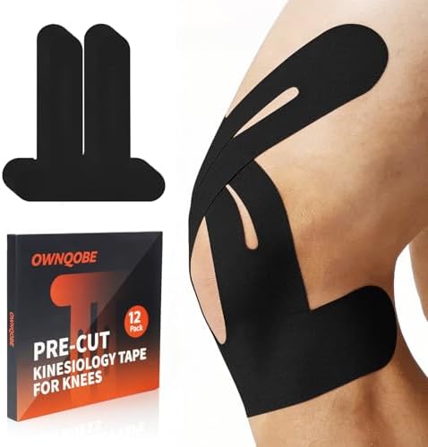 12 Pack Precut Kinesiology Tape for Knees & Shoulder, Knee Support & Stability for Sports, Waterproof & Elastic Tape for Knee Pain Relief, Breathable Hypoallergenic & Latex-Free, Black
