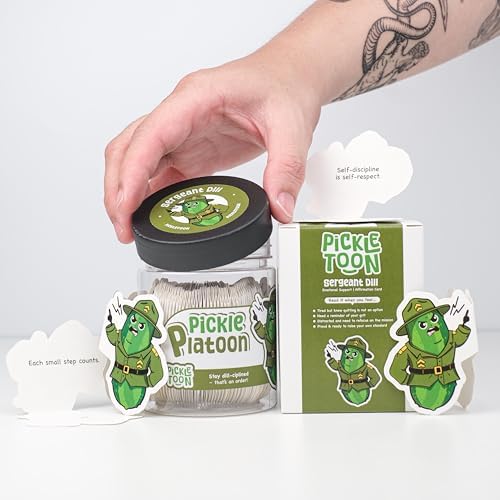 Emotional Support Positive Pickle Jar (PICKLE PLATOON) – Read This When Motivation Jar, 60 Mindset & Discipline Affirmation Cards, Self Improvement Gifts for Men, Stay Consistent Desk Decor