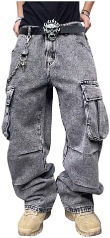 SOLY HUX Men's Cargo Jeans Streetwear Vintage Wide Leg Baggy Denim Pants with Pockets