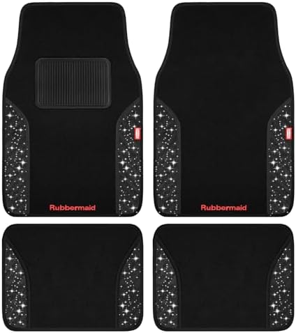 Rubbermaid Bling Car Mats, Carpeted Floor Car Mat with Faux Leather & Built-in Heel Pad, Two-Tone Car Rug Floor Mats, Stylish Carpeted Floor Mats for Cars, Trucks & SUVs Glitter Black Color