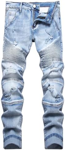 XIMXIMMTIAN Men's Biker Moto Washed Distressed Slim Fit Straight Jeans Denim