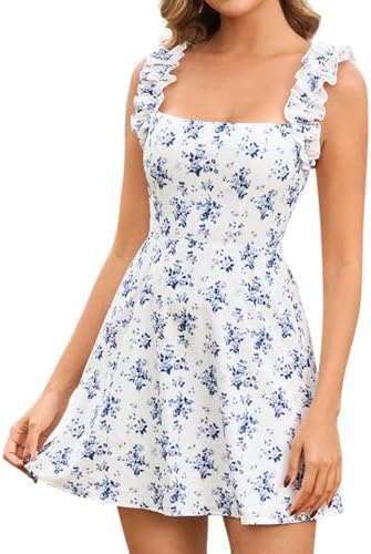 Ruffle Sleeve Mini Dress Casual Sqaure Neck A Line Smocked Short Graduation Dresses for Women 2026 Summer