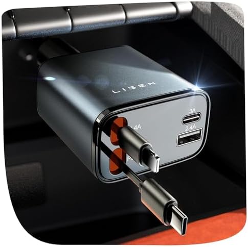 LISEN Retractable Car Charger, Gifts for Him Her, 84W Car Adapter USB C Fast Charger, Gifts for Mothers Day Travel Essentials Car Accessories for Men Women Gifts for iPhone 17 16 15 14 13 Samsung S26