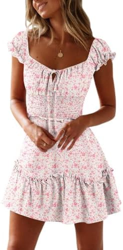 YOBECHO Womens Summer Ruffle Sleeve Sweetheart Neckline Printing Dress Mini Dresses