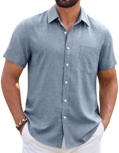 Mens Linen Shirt Short Sleeve Wrinkle Free Casual Untucked Button Down Shirts Beach Breathable Tops Summer
