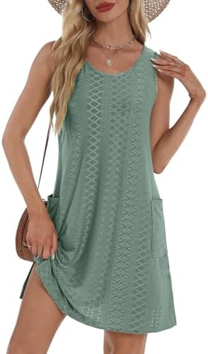 BKRIVE Coverup Summer Dresses for Women 2026 Eyelet Casual Loose Sleeveless Sundresses Tank Dresses with Pockets