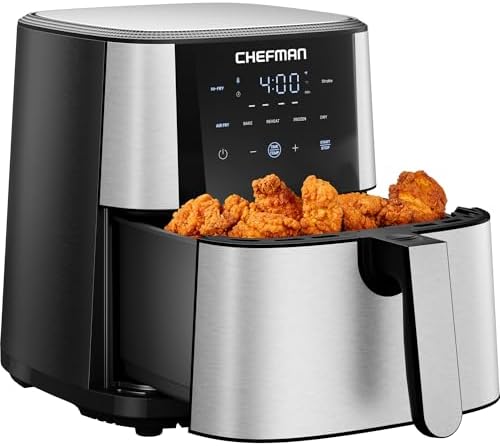 Chefman Air Fryer 6 Qt | TurboFry® 5-in-1 with 450°F Hi-Fry Option for Crispier Results | Bake, Dehydrate, Frozen | XL Nonstick Dishwasher-Safe Basket | Stainless Steel
