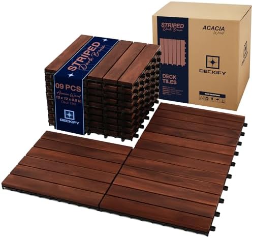 9Pcs Acacia Wood Interlocking Patio Deck Tiles, 12 x 12 x 0.9 Inch Outdoor Flooring, Waterproof for All-Weather Use – Striped, Dark Brown