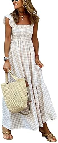 chouyatou Women's Retro Plaid Smocked Dress Spaghetti Strap Flounce Long Dress