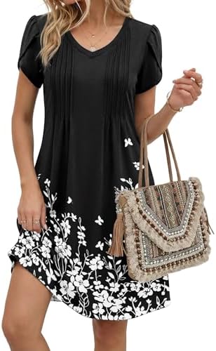 Zeagoo Summer Dresses for Women Casual A Line Dress 2026 V Neck Short Dresses Floral Sundress Pleated Boho Dress