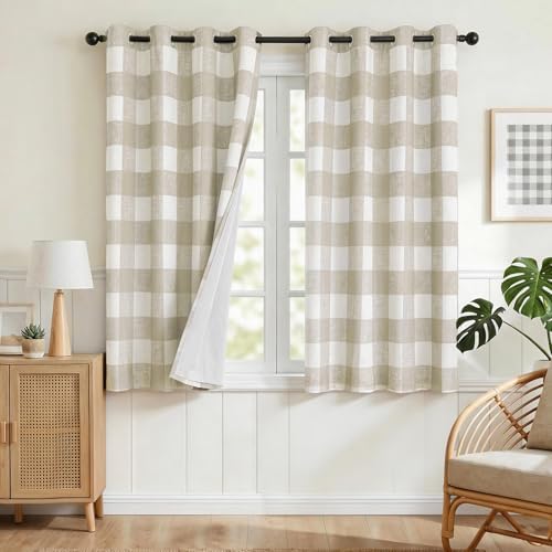 MYSKY HOME 100% Blackout Tan Plaid Linen Curtains 63 inch Length 2 Panels Thermal Insulated Farmhouse Rustic Gingham Check Double Layer Window Treatments for Bedroom, 52" Wide Each Panel