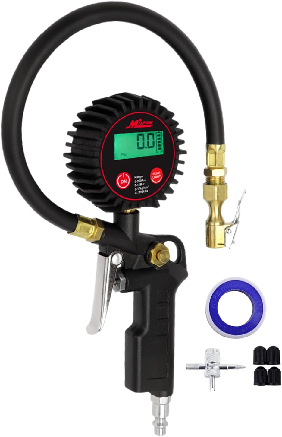 Milton 507KIT Digital Tire Inflator Car Accessories w\/Accurate Air Tire Pressure Gauge, 14\u201D Rubber Air Hose \u2013 250 PSI, Brass Lock-On Clip Air Chuck and Compressor Accessories