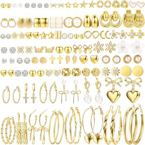 75 Pairs Gold Stud Earrings Set for Women, Trendy Hypoallergenic Pearl Cubic Zirconia Multiple Piercings Earrings Packs, Stud Hoops Earrings for Gift Jewelry