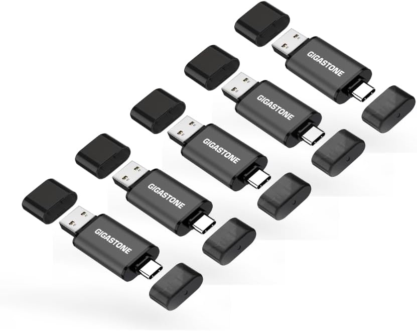 GIGASTONE 64GB Dual Flash Drive (5 Pack) Z40 USB 3.2 Gen 1, 2-in-1 Type-A &amp; Type-C, 100MB\/s Ultra Fast, Head Cap Design, Plug &amp; Play for Smartphone\/PC\/Mac\/TV\/Car Audio, USB 2.0\/3.0\/3.1 