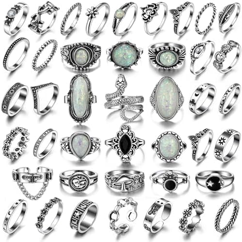 17IF Vintage Silver Knuckle Rings Set for Women Men, Chunky Rings Aesthetic Snake Grunge Stackable Gothic Ring Adjustable Y2K Punk Bulky Boho Finger Alt of Rings, Stacking Fairy Skull Frog Heart Star 