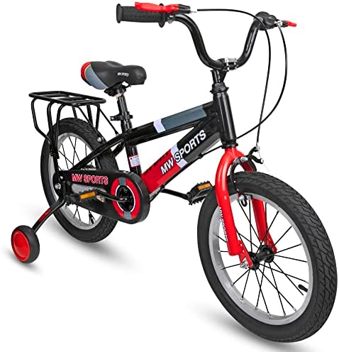 MW Sports 16 inch Kids Bike with Removable Training Wheels, Hand Brakes and Back Relay Rack for Ages 4-6 Years.
