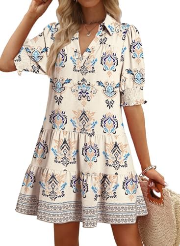 Dokotoo Casual Dresses for Women Lapel Collared V Neck Mid Sleeved Pleated Summer Dresses for Women 2026 Midi Dresses