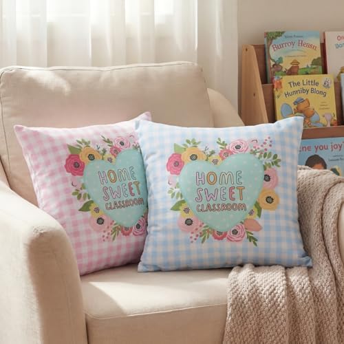 AceOrbit 2 Pcs Classroom Checkered Throw Pillow 18 x 18 Inches Colorful Checkered Wildflowers Pillow Cotton Canvas Cushion for Back to School Decor Party Favor Home Room Sofa Bed Couch Living Room