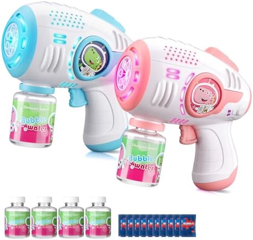 Bubble Guns for Kids 4-8, 2 Pack Automatic Bubble Blaster with LED Light & 4 Bubble Solution, Bubble Gun for Toddlers Outdoor Summer Toys