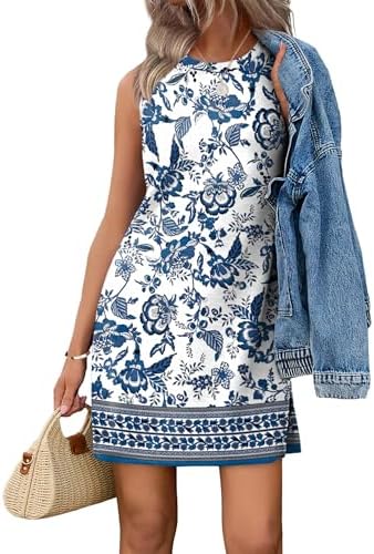 WIHOLL Casual Dresses for Women Crewneck Sleeveless Tank Dress Summer Spring Boho Vacation Clothes