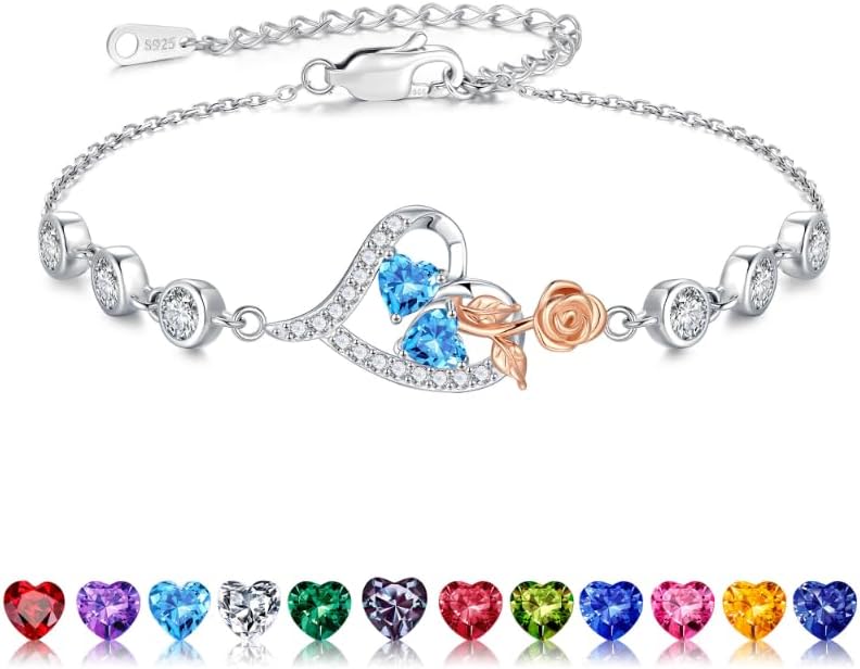 Iefil Mothers Day Gifts for Wife - 925 Sterling Silver Rose Heart Birthstone Bracelets, Anniversary Birthday Gifts for Women Wife Mom Daughter, 6"+2"