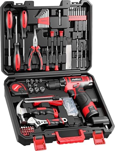 PULITUO 149-Piece Home Drill Set with 12V Red Cordless Drill, Hand Tools, Tool Box for Women, Men, DIY Enthusiasts for Home Improvement.