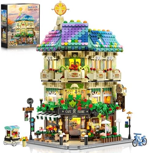 INSOON Flower Cafe House Building Set with Lights, 1876 PCS City Street Corner Shop Construction Model, Art Architecture Modular Building Block Home Decor, Gift for Mothers Day Adults Boys Girls 12+