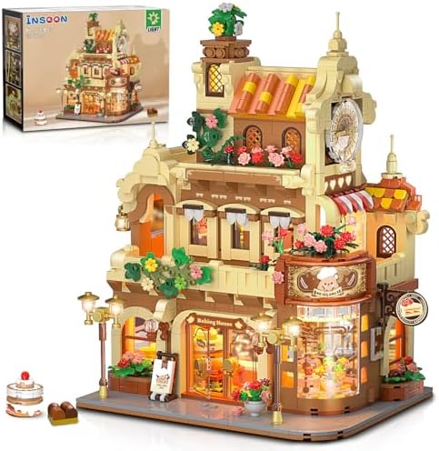 INSOON City Bakery Cafe House Building Set with Light, 1289 PCS Baking Shop Building Block Toy with Coffee Cake Bread Bakery Room, Pastry Construction Model for Adults Teens Kids Boys Girls Ages 8-12+