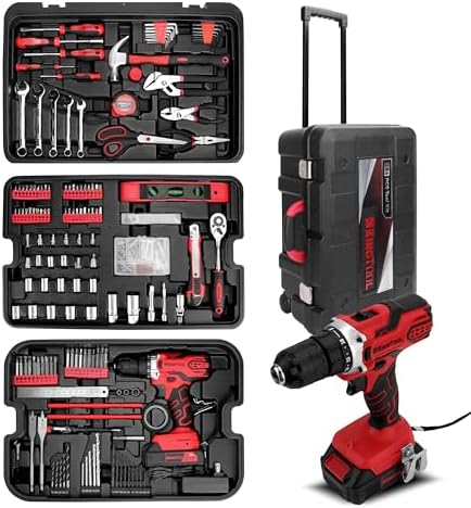 KINGTOOL Home Tool Set Kit - 286 PCS Home Auto Repair Tool Kit with Rolling Tool Box, Mechanic Tool Sets with 21V Max Cordless Power drill, Perfect for Homeowner, Diyer, Handyman
