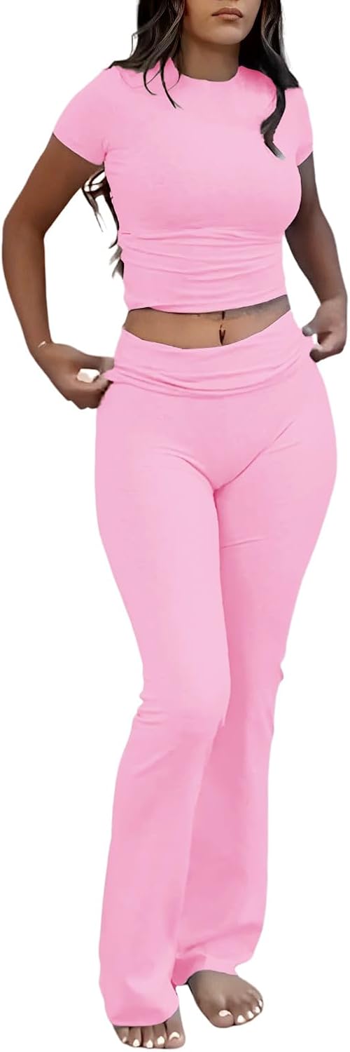 YETOWA Womens 2 Piece Outfits Low Rise Flare Leggings Short Sleeve Top Soft Stretchy Lounge Set Yoga Casual