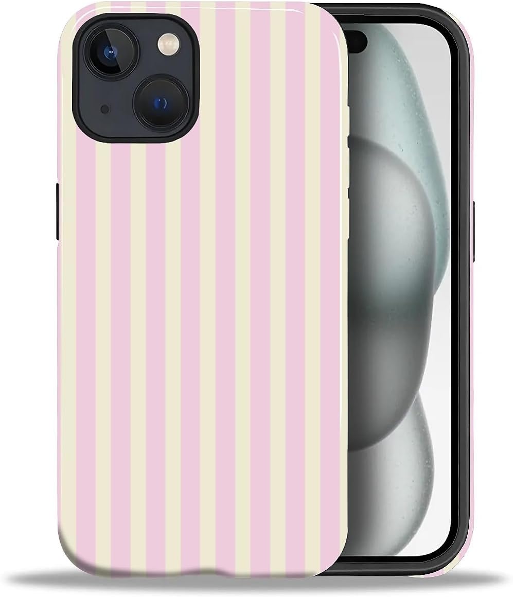 Case for iPhone 15,Durable Drop Protection Shockproof Silicone + Hard PC 2 in 1 Hybrid Protective Cover with Stylish Pattern Design Cute Striped Aesthetic Yellow Pink