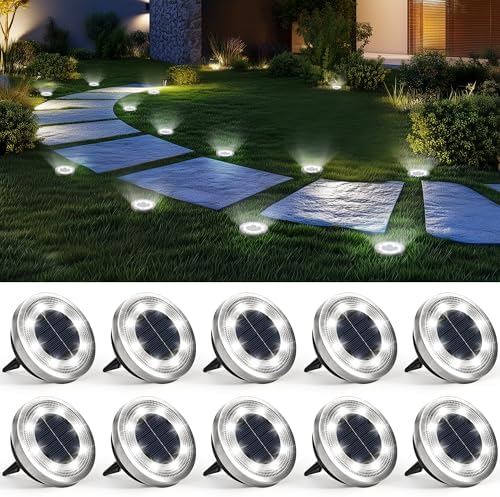 SOLPEX 10 Pack Solar Ground Lights Outdoor Waterproof, Solar Powered Pathway Lights, Landscape Lighting for Garden Walkway Driveway Backyard Decor (Cool White)