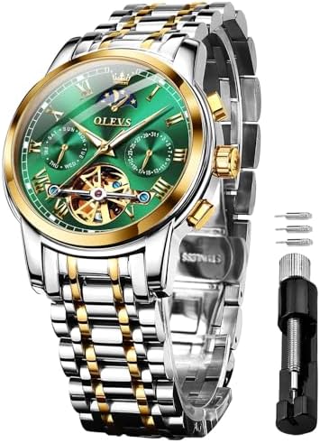 OLEVS Mens Automatic Watches Skeleton Tourbillon Mechanical Self Winding Luxury Dress Wrist Watch Moon Phase Waterproof Luminous Watch Gifts