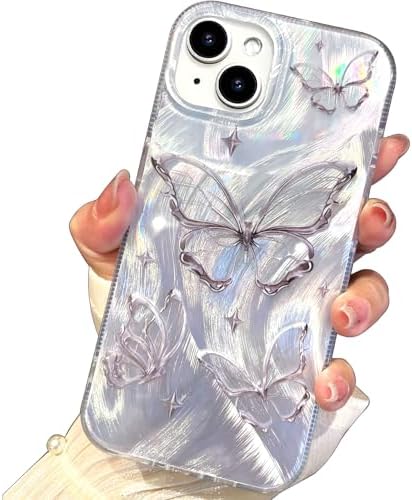 I-MGAE-IN-AR for iPhone 13 Case & iPhone 14 Case Shiny Silver Butterfly Design,Trendy Cute Soft Slim Shockproof TPU Protective Phone Cases Cover for Women Girls Aesthetic Glitter,iPhone 14/13 6.1"