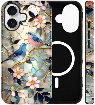 Jusy Compatible with MagSafe Stained Glass Case for iPhone 13/iPhone 14, Aesthetic Bird and Floral Magnetic Phone Case, Soft TPU and Hard PC Protective Phone Cover for Women Girls (Shiny) - Bird