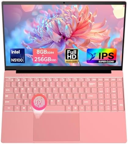 2026 Latest Laptop Computer Notebook,15.6" IPS FHD Display,8GB RAM 256GB SSD,Celeron N5100 Processor,WiFi5,BT5.0,USB3.0,Backlit keyboard,Fingerprint for Business Home Office and Students,Rose Gold