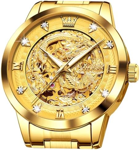 OLEVS Dragon Skeleton Mens Automatic Watch 42MM Large Dial Gold Luxury Self-Winding Diamond Waterproof Stainless Steel Business Tourbillon Mechanical Watches