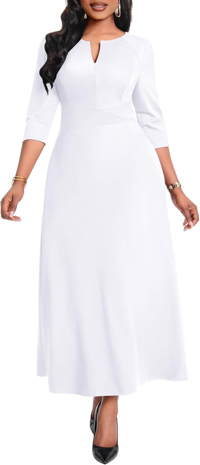 Nmoder Maxi Dress for Women - Zipper Front Casual 3\/4 Sleeve Work Church Long Dress with Pockets