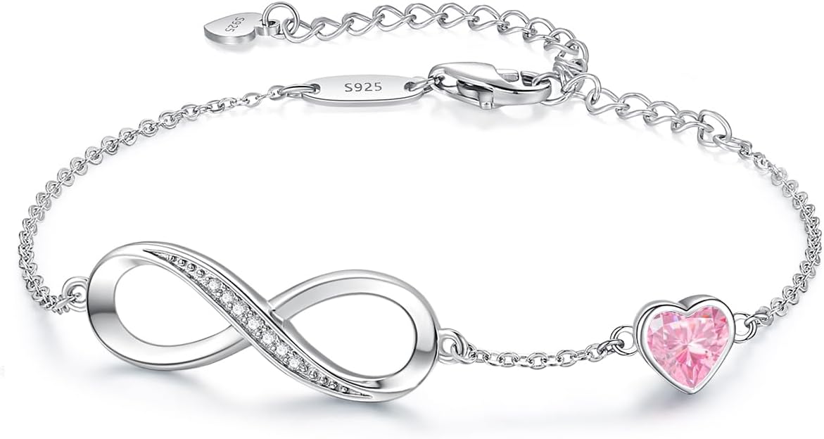 CDE Mothers Day Gifts Infinity Heart Birthstone Charm Link Bracelet for Women 925 Sterling Silver Adjustable Mother's Day Valentine's Day Christmas Day Gift Anniversary Birthday Jewelry for Wi