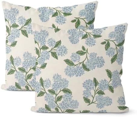 Spring Pillow Covers 18x18 Inch 2 Pcs Blue Green Hydrangea Flower Decor Throw Pillows Vintage Floral Seasonal Summer Outdoor Decoration Pillowcase Linen Cushion Cover for Couch Sofa
