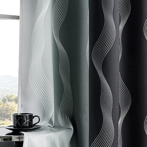 MYSKY HOME Black and Greyish White 95% Blackout Ombre Curtains 84 inch Long 2 Panels Set for Living Room Bedroom Patterned Geometric Black Out Thermal Insulated Grommet Drapes, 52" W Each Panel